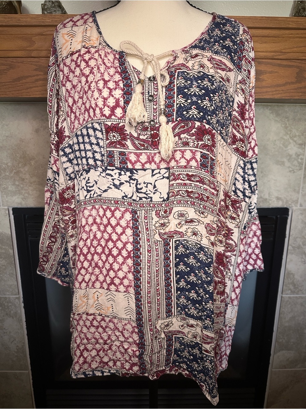 Catherines 3X Boho Paisley Patchwork 3/4 Sleeve Blouse Plus Size  Top